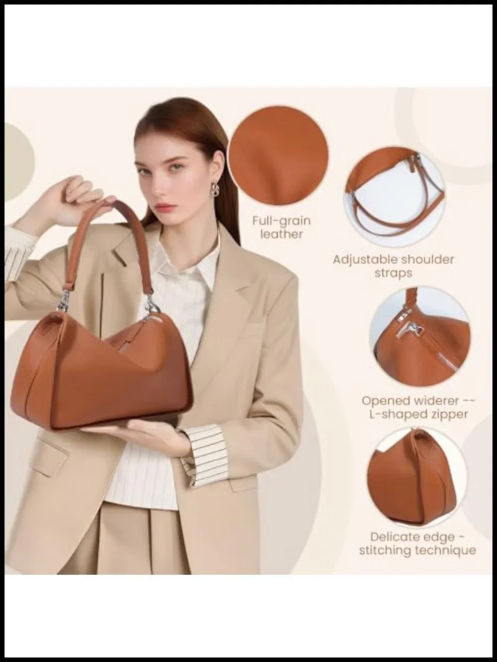 Genuine Leather Full-Grain Crossbody Hobo Bag Adjustable Strap